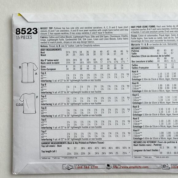 Sewing Pattern Misses Tops Misses Blouses Simplicity 8523 Sz 8-12 UNCUT - Picture 2 of 3